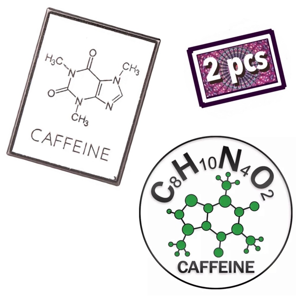 Set of 2 Caffeine Molecule Enamel Pins Tea Caffeinated Nerd Chem Student Gifts